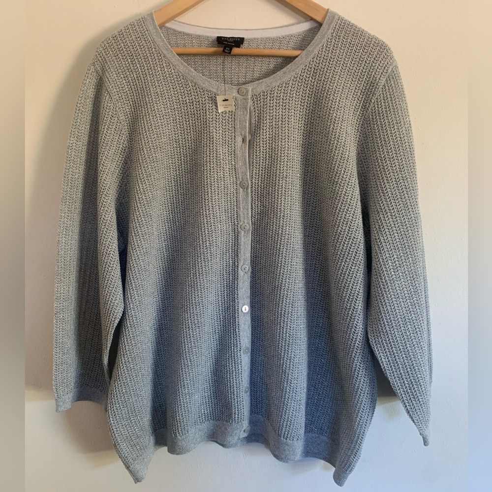 Talbots Women Silver Cable Knit Button Front Long Sleeve Cardigan Sweater 2X
